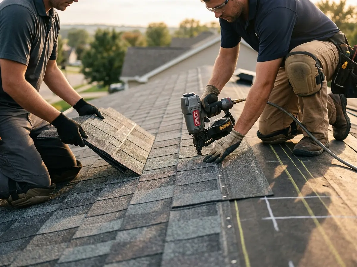 Professional roofer working on a residential roof in Holiday